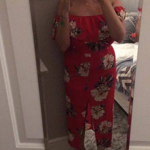 Red off the shoulder floral dress